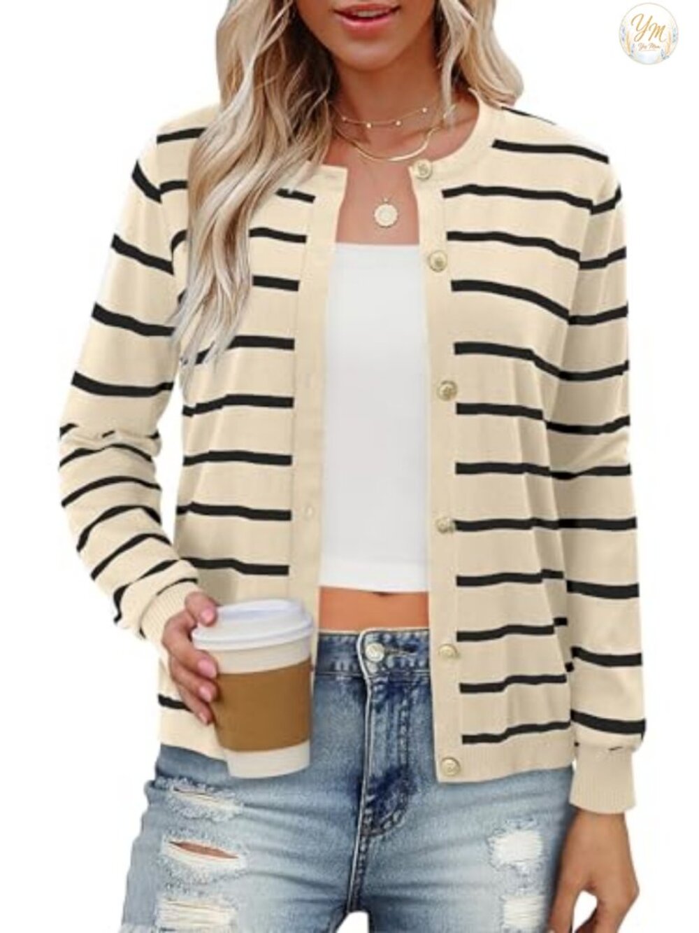 Womens Lightweight V Neck Slim Fit Cardigan Sweater with Gold Button